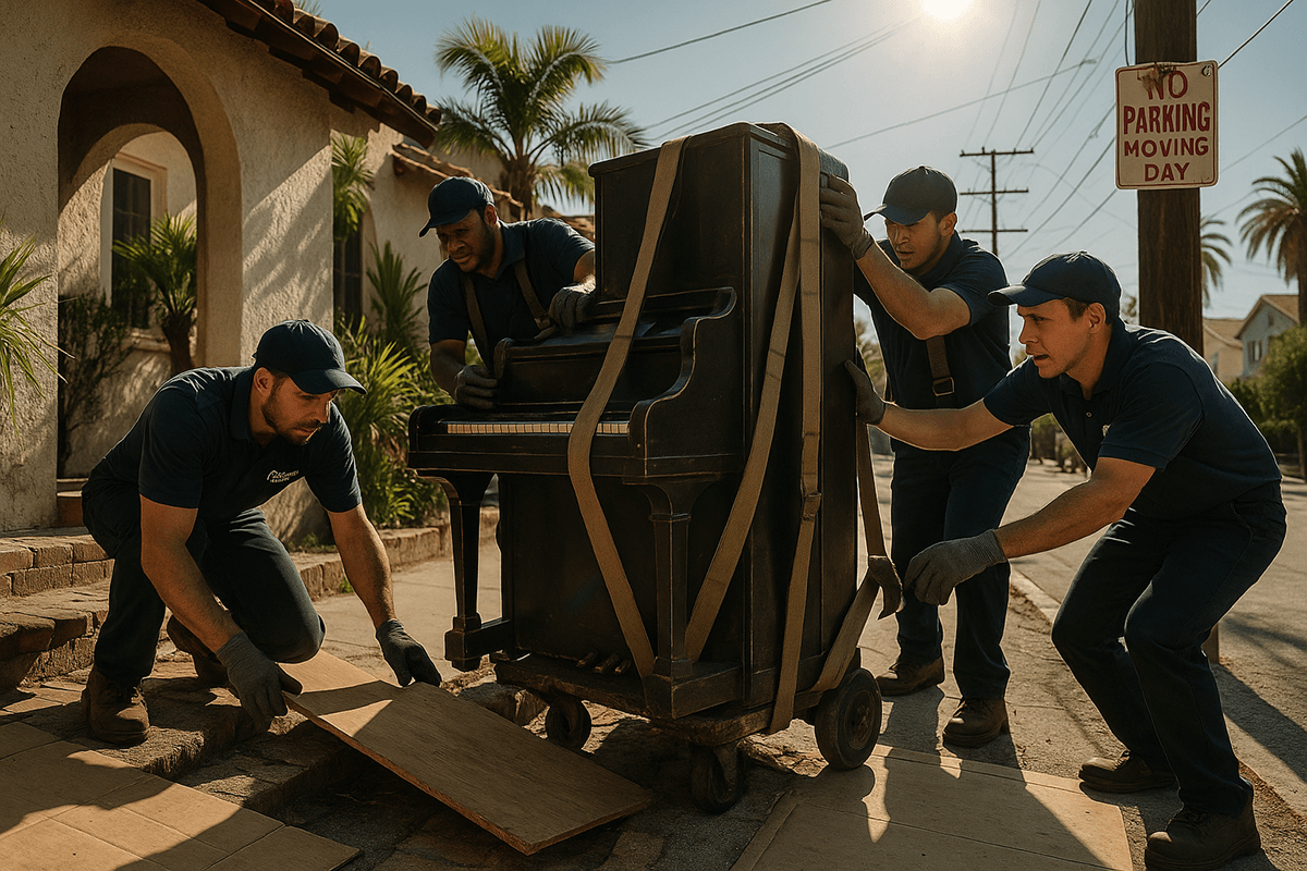  Professional piano movers carefully transporting a grand piano using specialized equipment including piano dollies, protective blankets, and moving straps. The scene shows two uniformed movers working together in a well-lit home environment, demonstrating proper piano handling techniques.