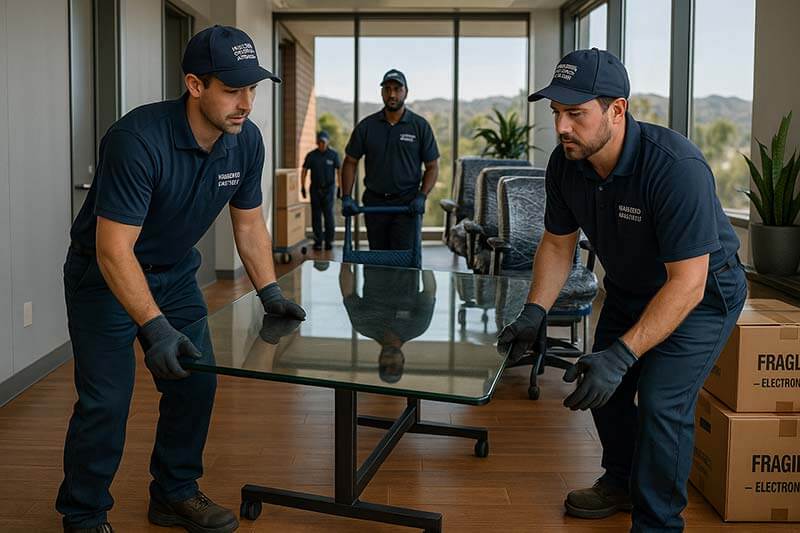Three uniformed movers carefully relocate a glass conference table and office equipment in a modern Rancho Santa Fe office, with natural sunlight, labeled boxes, organized carts, and California hills visible through large windows, emphasizing professional, organized commercial moving service.