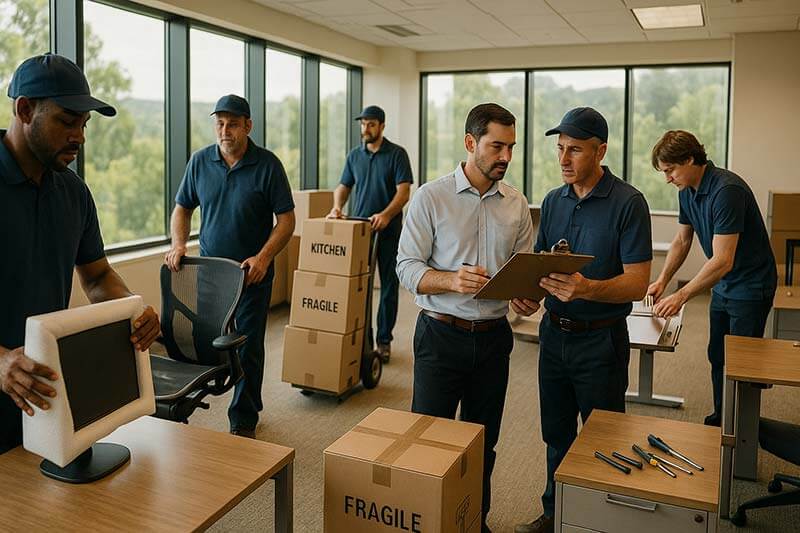 Team of professional office movers carefully wrapping monitors, packing labeled boxes, and transporting equipment on a dolly in a modern office with glass entry, scattered packing materials, and bright natural light.