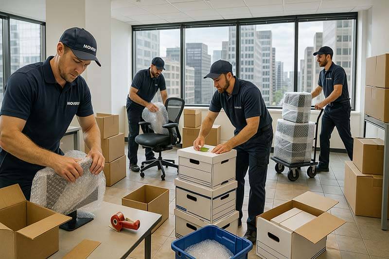 Uniformed movers in a modern Rancho Santa Fe office carefully pack monitors, label boxes, consult a checklist with an office manager, and disassemble desks. Natural light, teamwork, and greenery outside convey a calm, professional, and organized office transition.