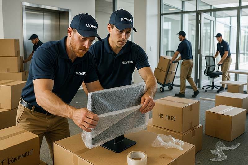 Team of professional office movers in branded uniforms packing monitors, chairs, and boxes in a bright, modern office with large windows, using bubble wrap and labels. Cluttered space shows a dolly, open boxes, and organized materials, conveying efficiency and attention to detail.