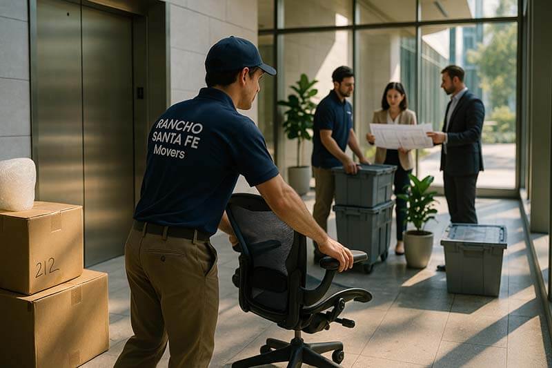 Professional movers in ‘Rancho Santa Fe Movers’ uniforms relocate office furniture and crates in a sunlit modern lobby. A project manager reviews floor plans with a client, highlighting attentive relocation service. Visible textures, boxes, and natural light evoke reliability and professionalism.