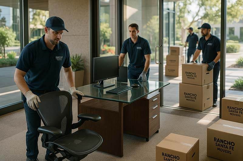 Professional Rancho Santa Fe movers in branded uniforms carefully transport modern office furniture and high-end IT equipment through a glass entrance. Natural morning light, organized boxes, and manicured landscaping highlight the team’s expertise and efficient office relocation process.