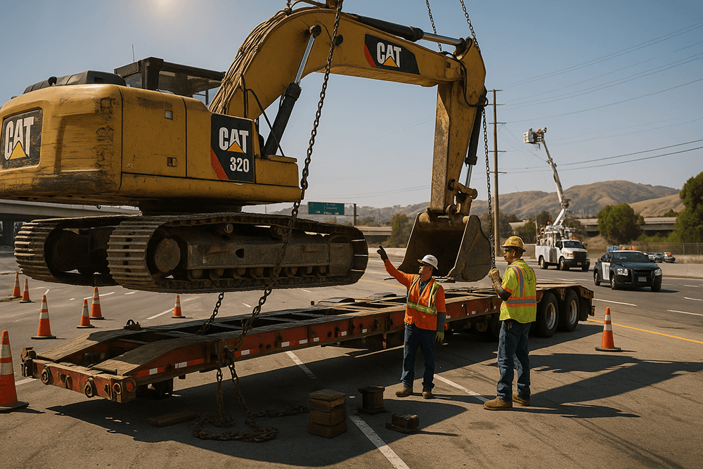 Seasoned workers guide a large yellow excavator onto a heavy haul trailer at a California construction site. Utility crews reroute power lines, and state troopers manage traffic, highlighting the teamwork and logistical challenges of moving heavy machinery in an urban environment.