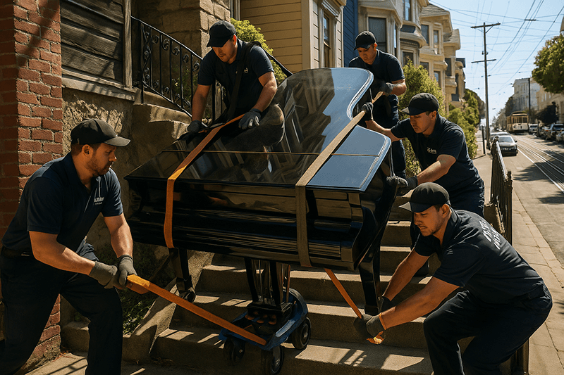 Professional piano moving equipment including heavy-duty dollies, padded moving blankets, securing straps, and protective covers used by Coleman Moving for safe piano transportation
